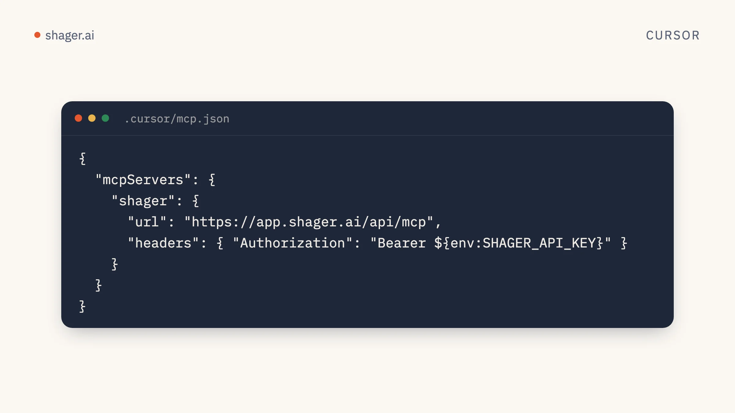 ملف mcp.json في Cursor مع خادم shager وعنوانه وترويسة Authorization تقرأ المفتاح من متغير بيئة.