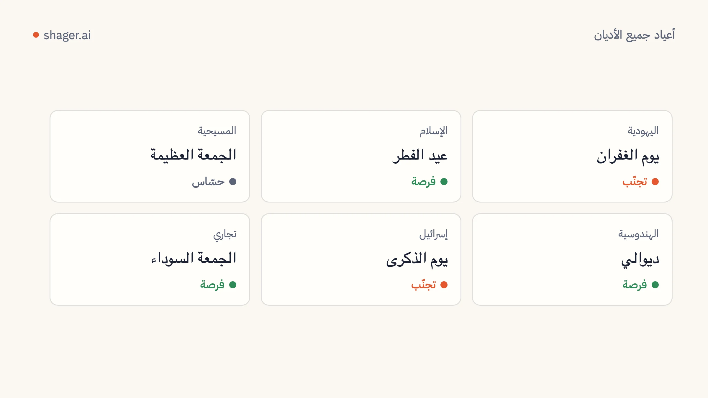 مخطط تقويم: لكل عيد في تقليد معيّن توصية: تجنّب المحتوى الترويجي، أو التعامل بحساسية، أو اغتنام الفرصة للتهنئة.