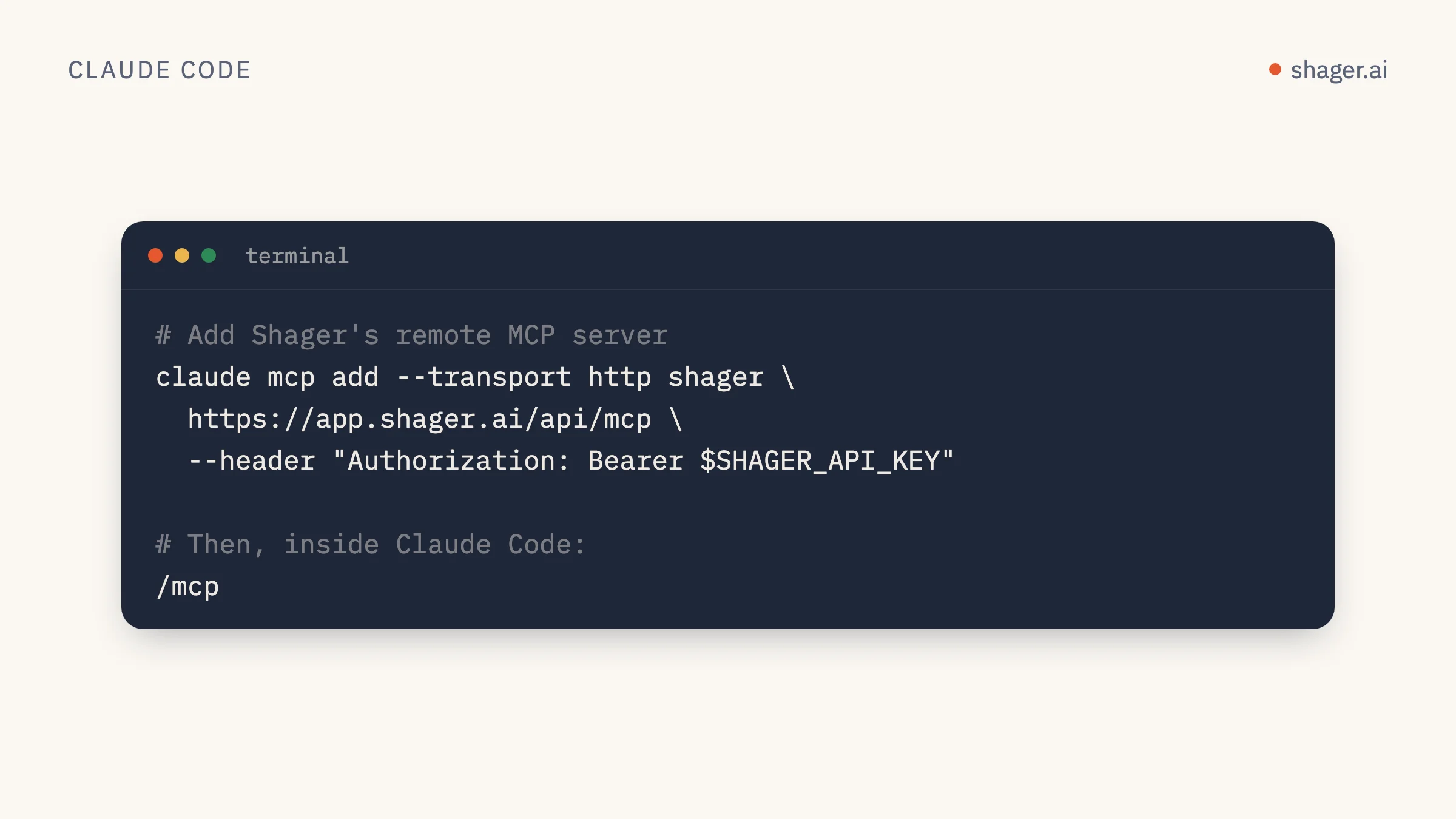 Perintah Claude Code yang menambahkan server MCP Shager dengan kunci API di header Authorization.