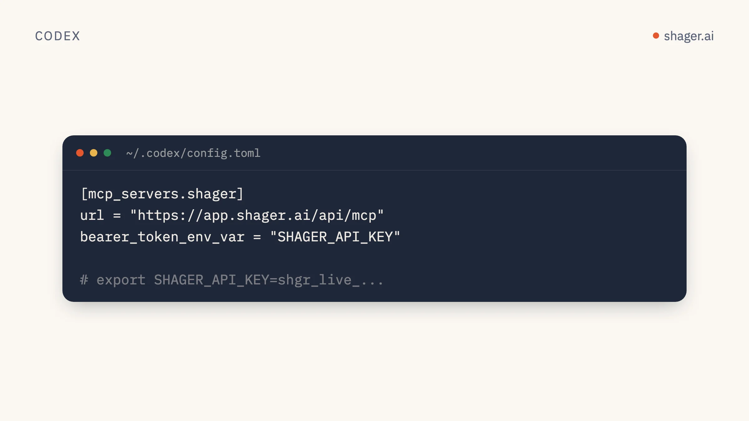 config.toml Codex: server MCP bernama shager dengan URL-nya dan variabel lingkungan yang menyimpan kunci.