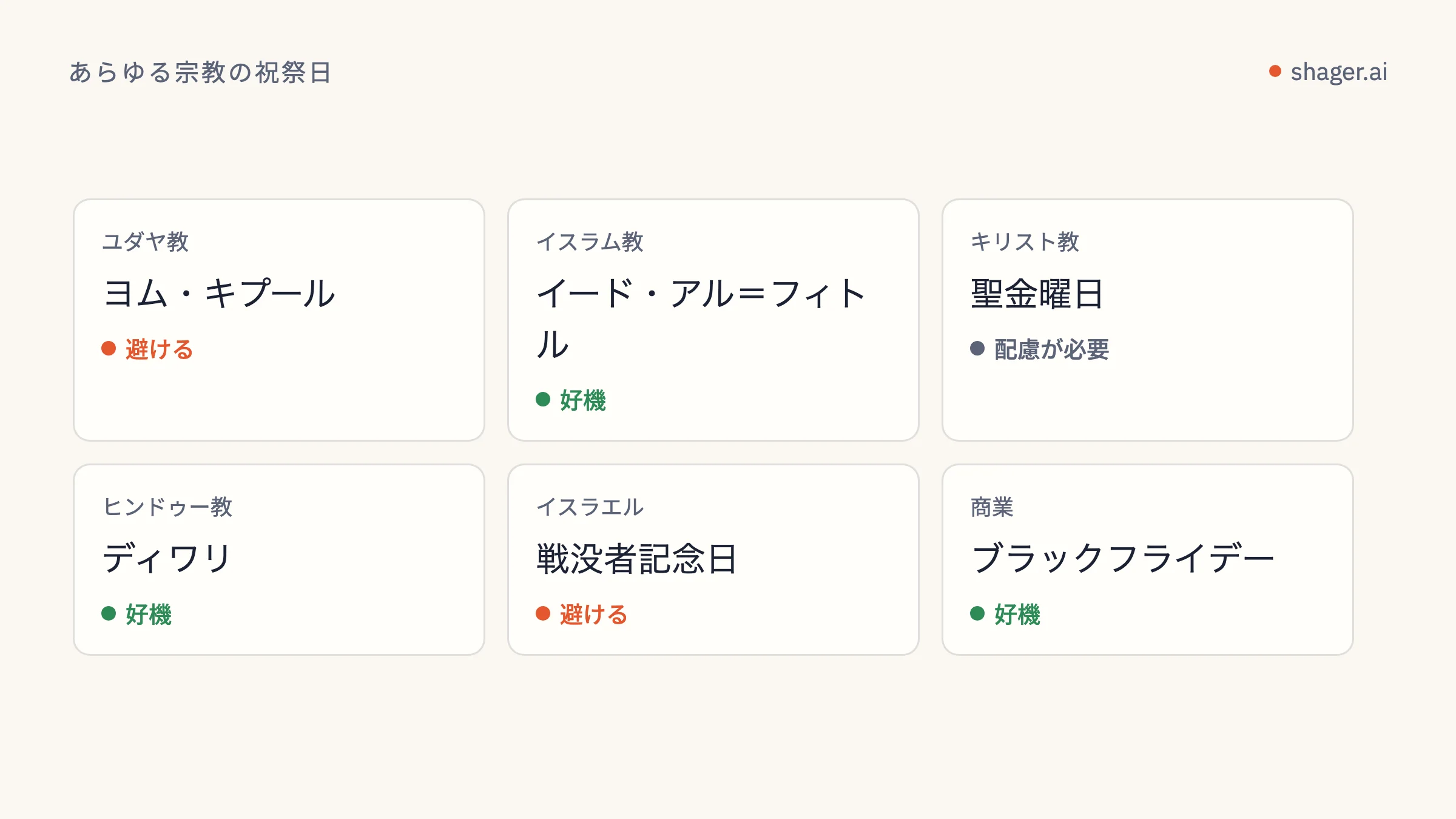 カレンダー図:各伝統の祝祭日ごとに、宣伝コンテンツを避ける、配慮が必要、あいさつの好機、のいずれかの推奨が付いています。