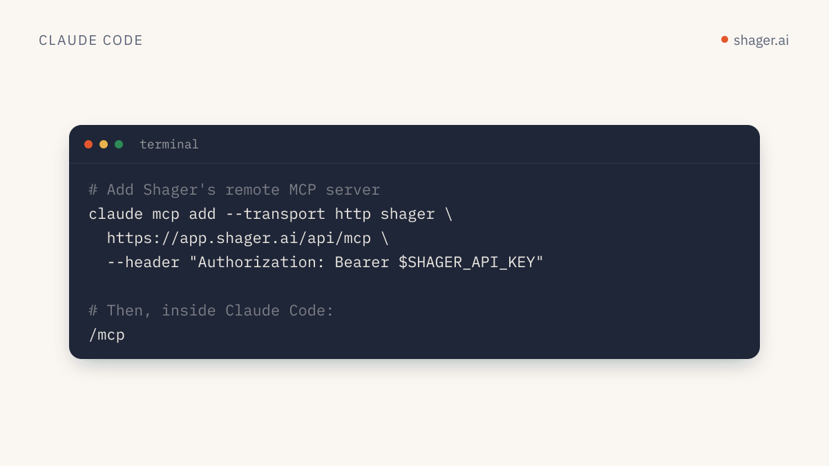 A Claude Code command that adds Shager's MCP server with an API key in the Authorization header.