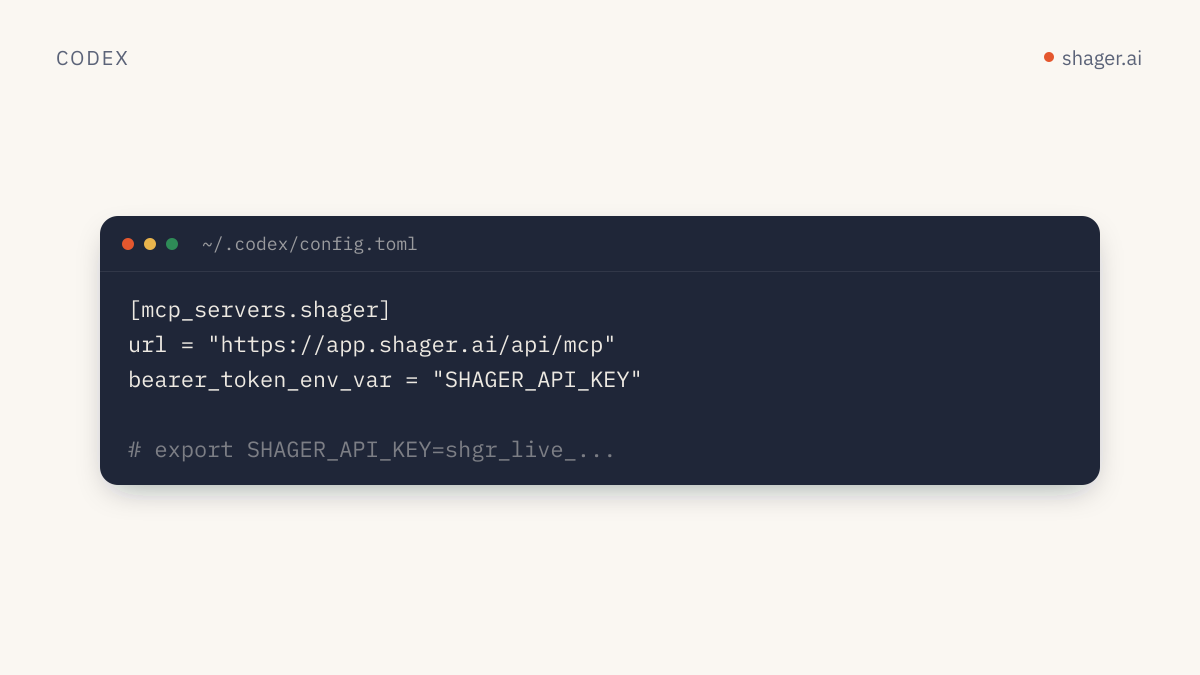 Codex config.toml: an MCP server named shager with its URL and an environment variable holding the key.